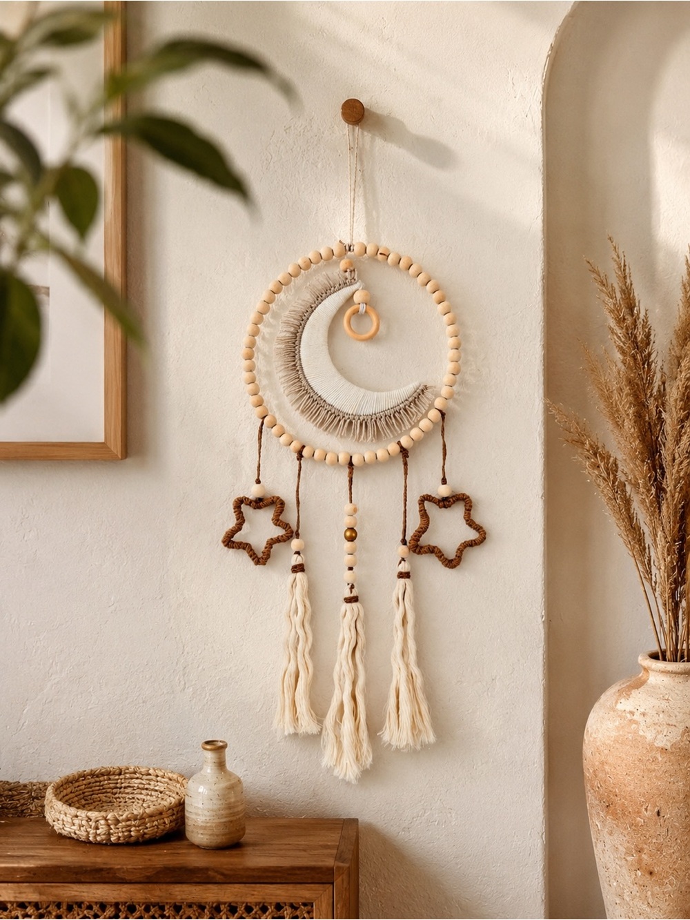 Boho Cream and Brown Moon Dreamcatcher Wall Hanging